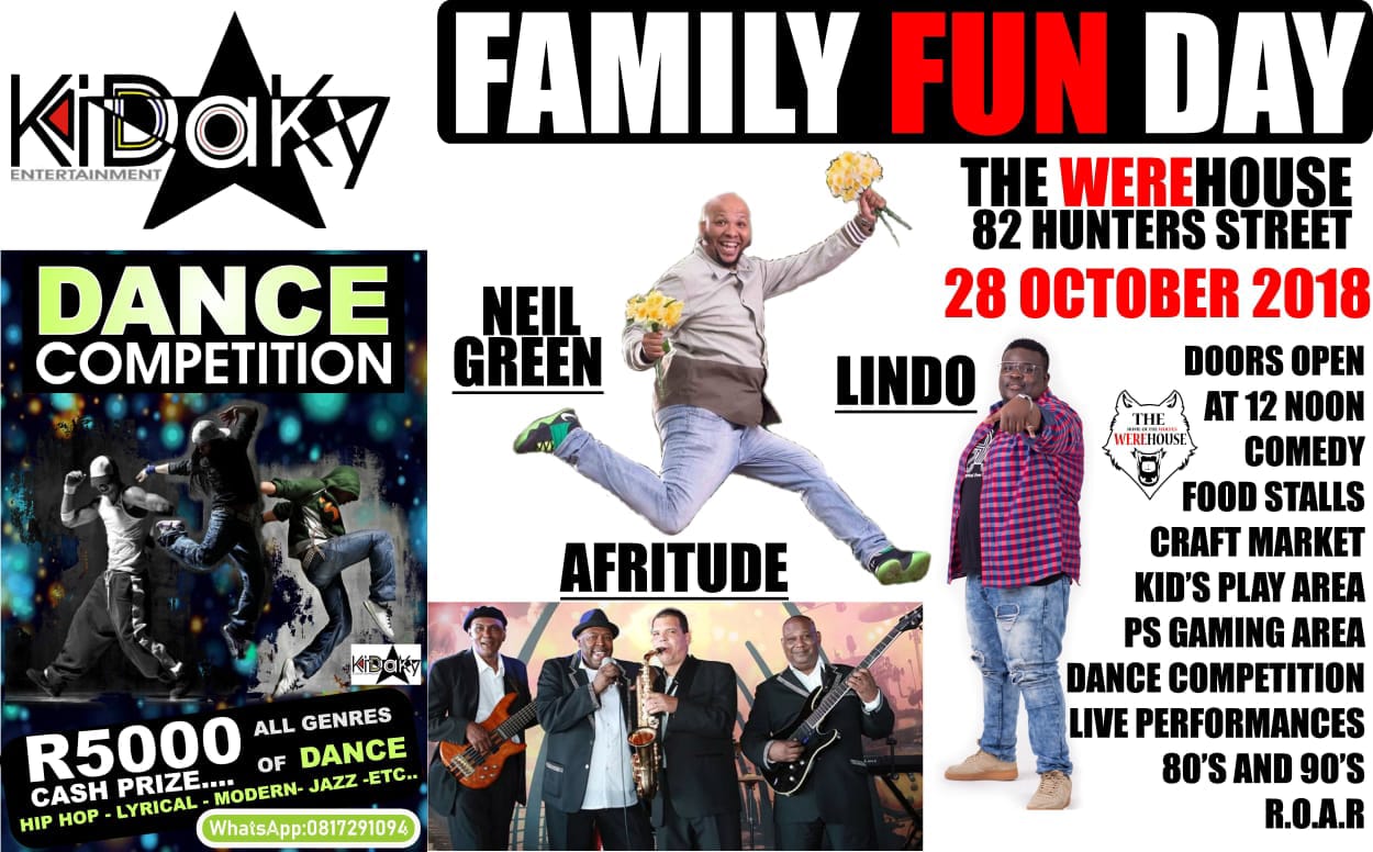 Family Fun Day @ Werehouse Durban. Live music from the 80's & 90's from Afritude, Lindo (idols), Comedy from Neil Green (ECR), Kids play area, Gaming Room, Food Stalls and Flea Market