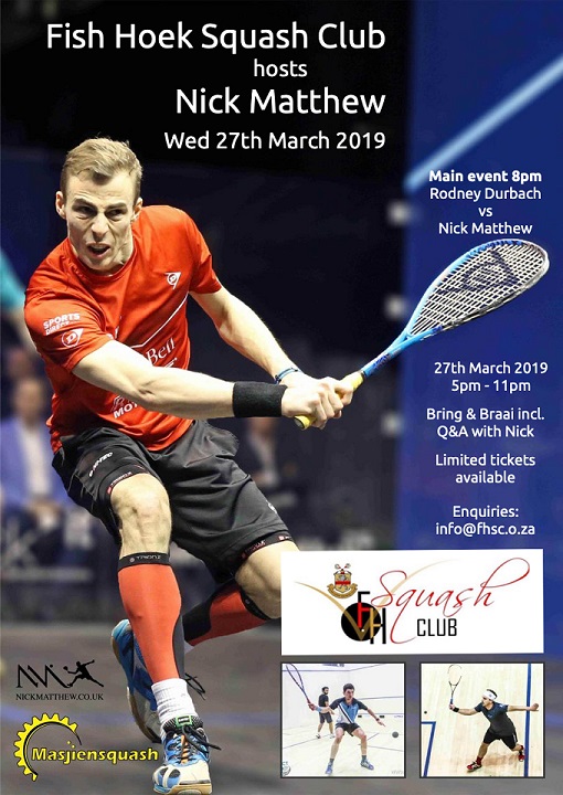 Book tickets for Nick Matthew (PSA 1, 3x world champion) Squash Exhibition Match