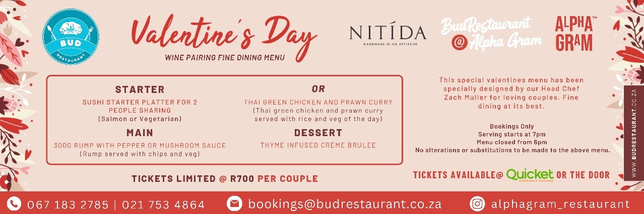 Valentines Day @ Bud Restaurant - delightful menu ** REDUCED PRICE** only R350 each or R700 per couple