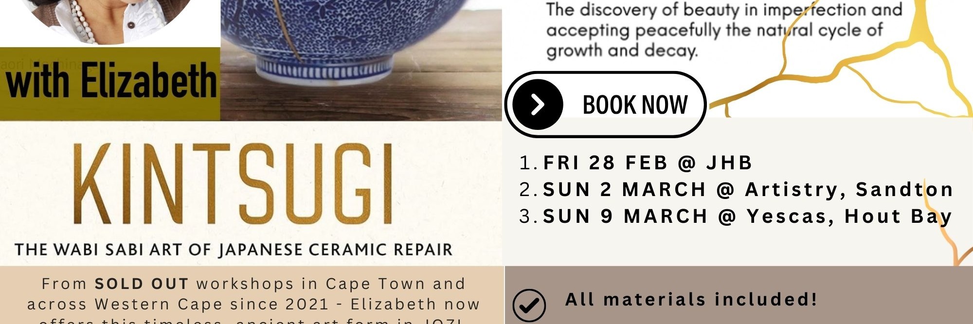 Kintsugi with Liz - Repair broken ceramics with gold Sun 16 March in Hout Bay, CT