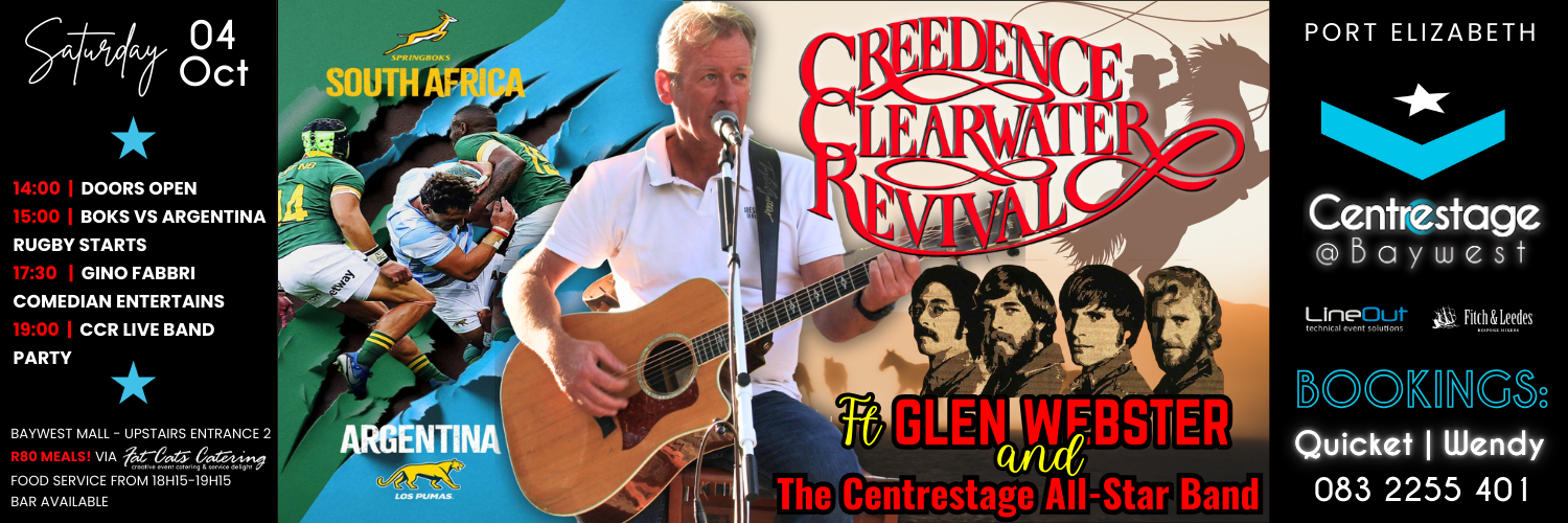 CCR ft Glen Webster 19h30 Rugby 15h00, Gino 18h00 CS@BW on 4 Oct