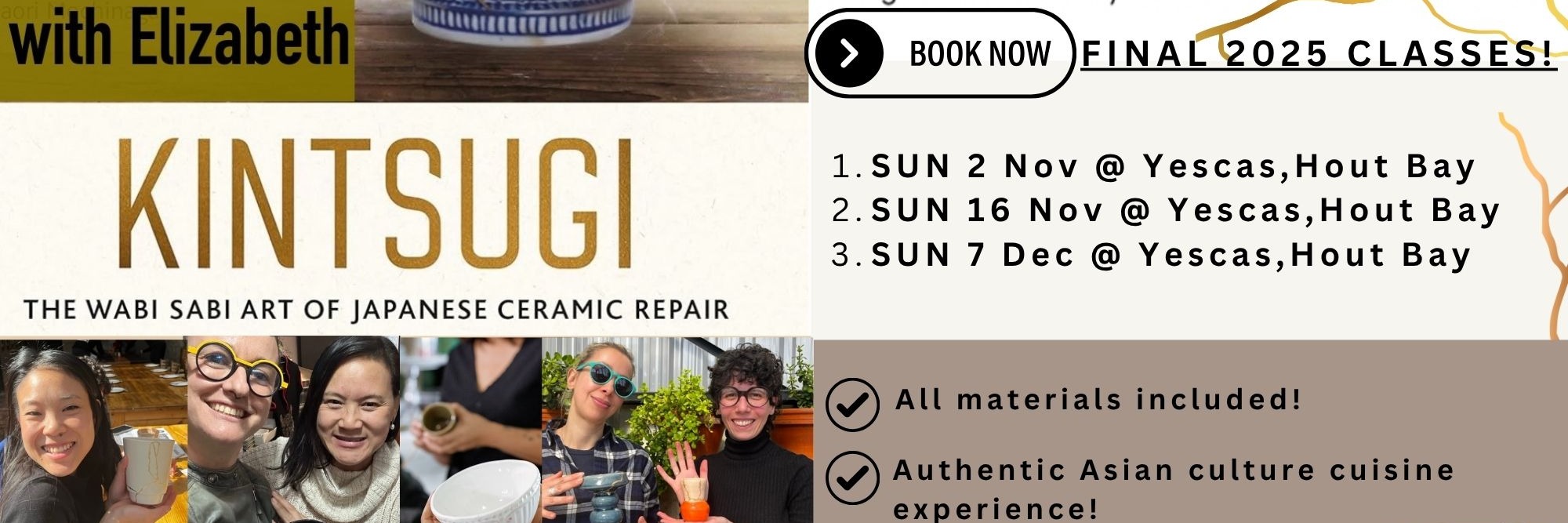 Kintsugi with Liz - Repair broken ceramics with gold Sun 2 Nov in Hout Bay, CT Culture Cuisine Experience!