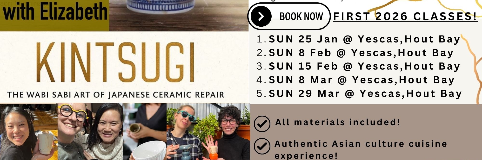 Kintsugi with Liz - Repair broken ceramics with gold Sun 25 Jan (First class for 2026!) in Hout Bay, CT Culture Cuisine Experience!