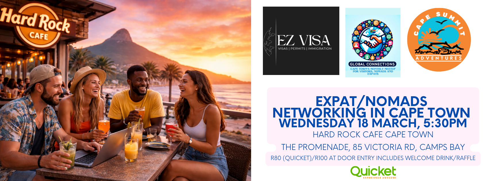 Expat/Nomads social networking drinks - Wednesday 18 March, 5:30 pm @ Hard Rock Cafe in Camps Bay